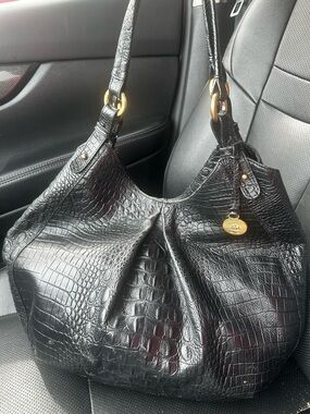 Brahmin Black Croc-Embossed Leather Shoulder Bag with Gold Hardware